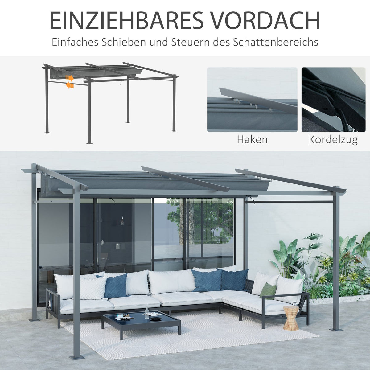 Patio Roof Pergola Approx. 4x3m Patio Roofing Garden Pavilion Aluminum, Wall Mounted, Garden Pavilion with Adjustable Roof, UV Protection, Sun Protection for Patio and Garden, Dark Gray