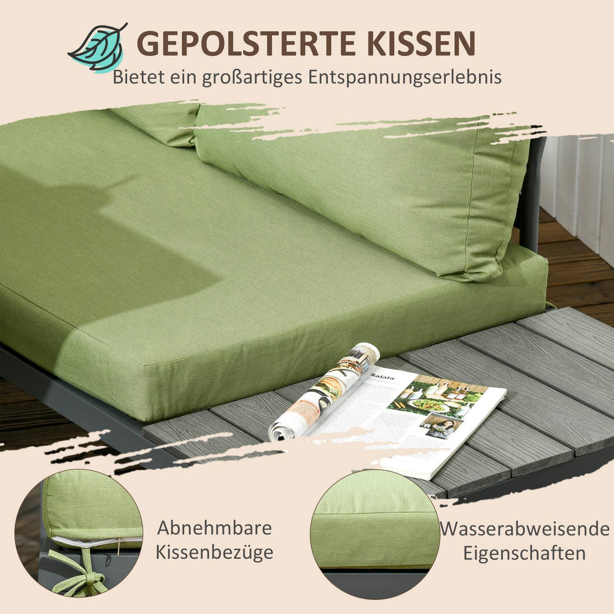 Patio Seating Group 6 People Set With Height-Adjustable Table, Aluminum Frame, Green + Gray