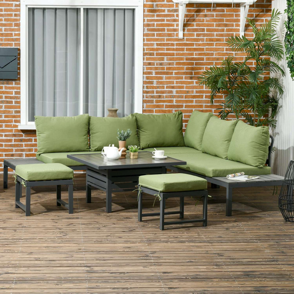 Patio Seating Group 6 People Set With Height-Adjustable Table, Aluminum Frame, Green + Gray