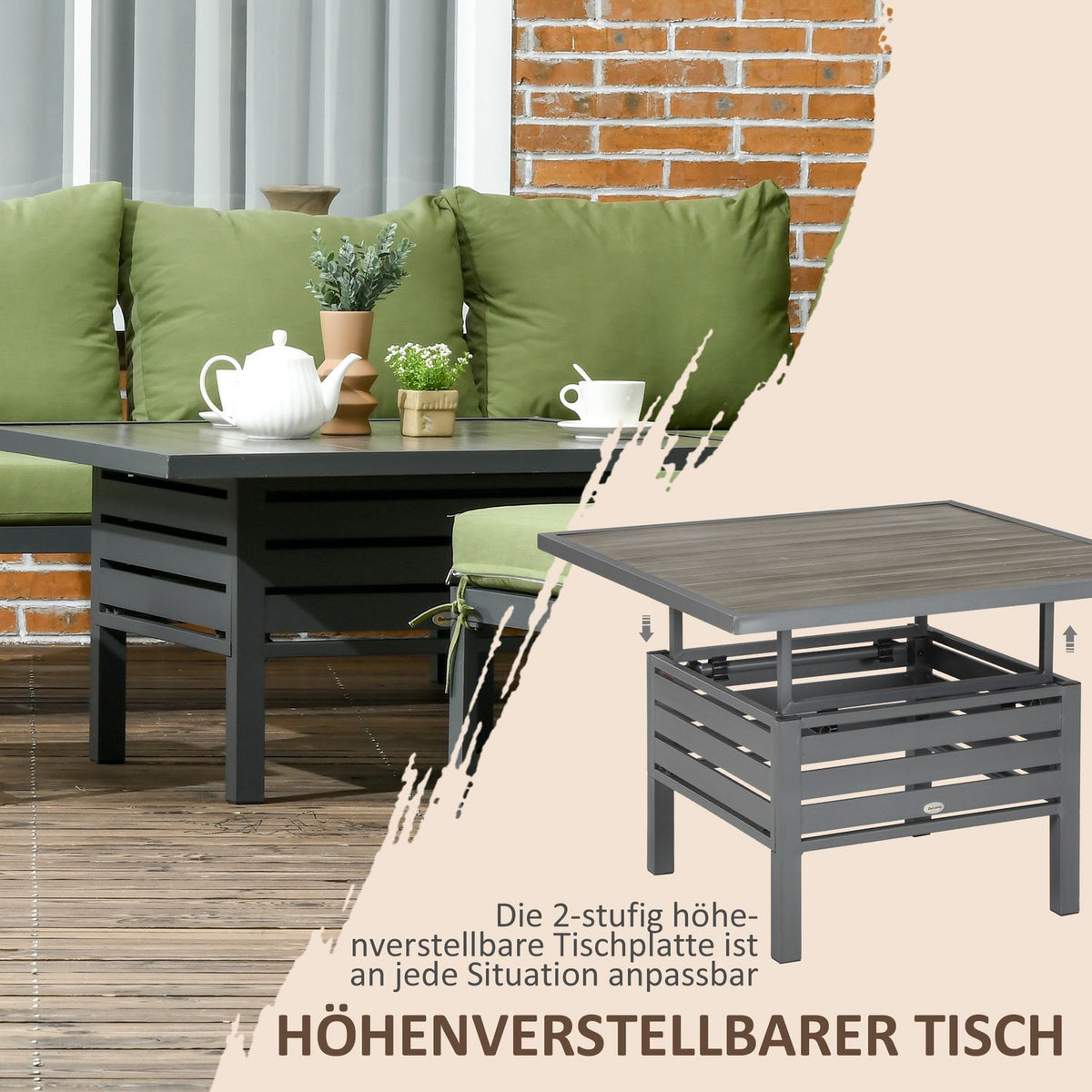 Patio Seating Group 6 People Set With Height-Adjustable Table, Aluminum Frame, Green + Gray