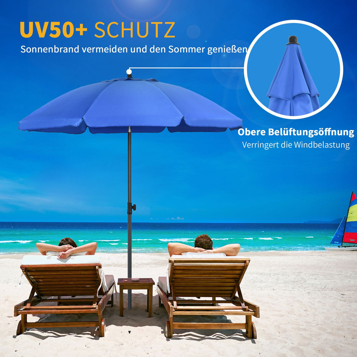 Patio Umbrella Ø180Cm Uv Protection Beach Umbrella With Adjustable Tilt, 8 Struts, Steel, Blue