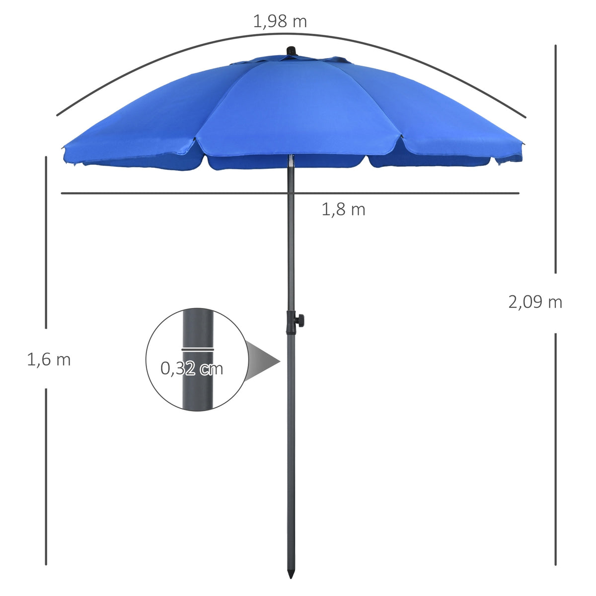 Patio Umbrella Ø180Cm Uv Protection Beach Umbrella With Adjustable Tilt, 8 Struts, Steel, Blue