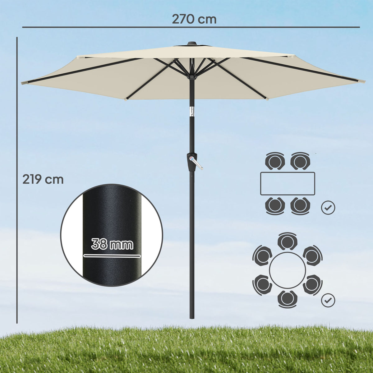 Patio Umbrella, 270 cm, UPF 50+ UV Protection