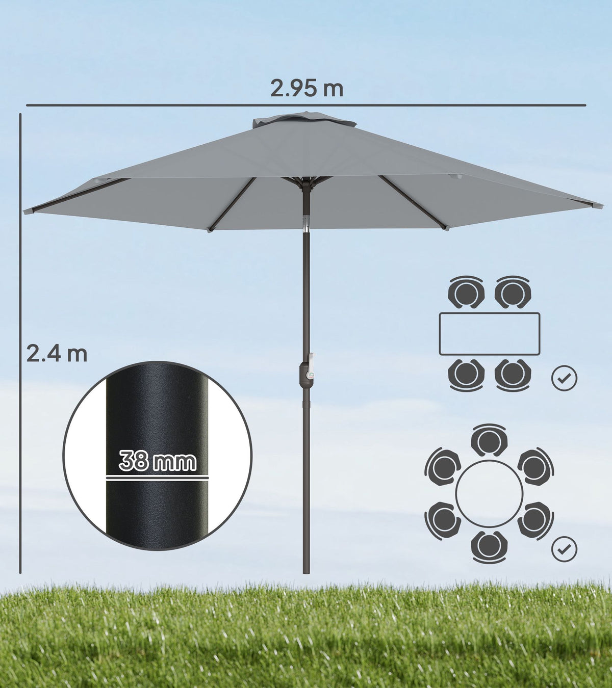 Patio Umbrella 2.95m with Tilt, UPF30+ Polyester