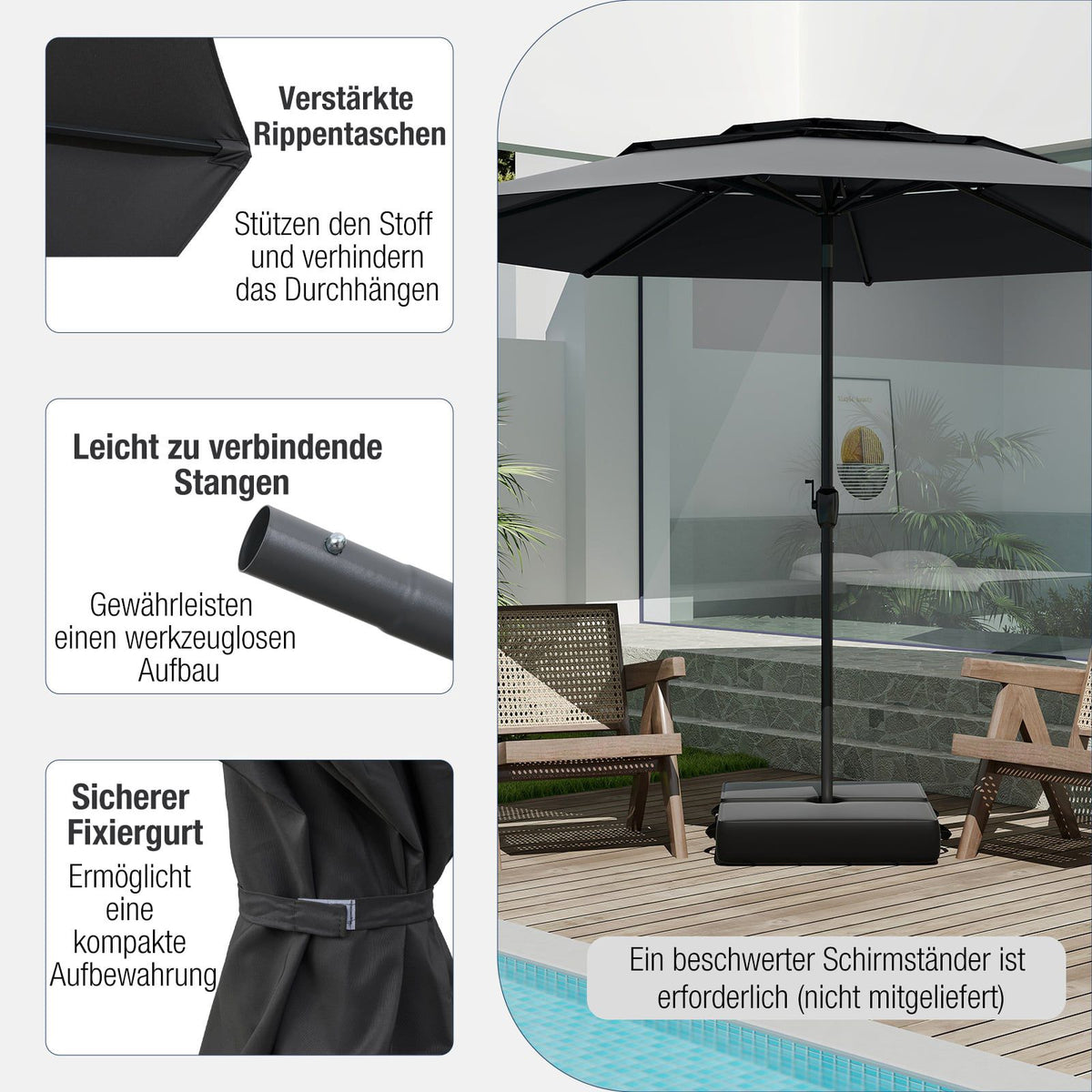 Patio Umbrella, 300 cm, Ventilated, Tilt Function, Black