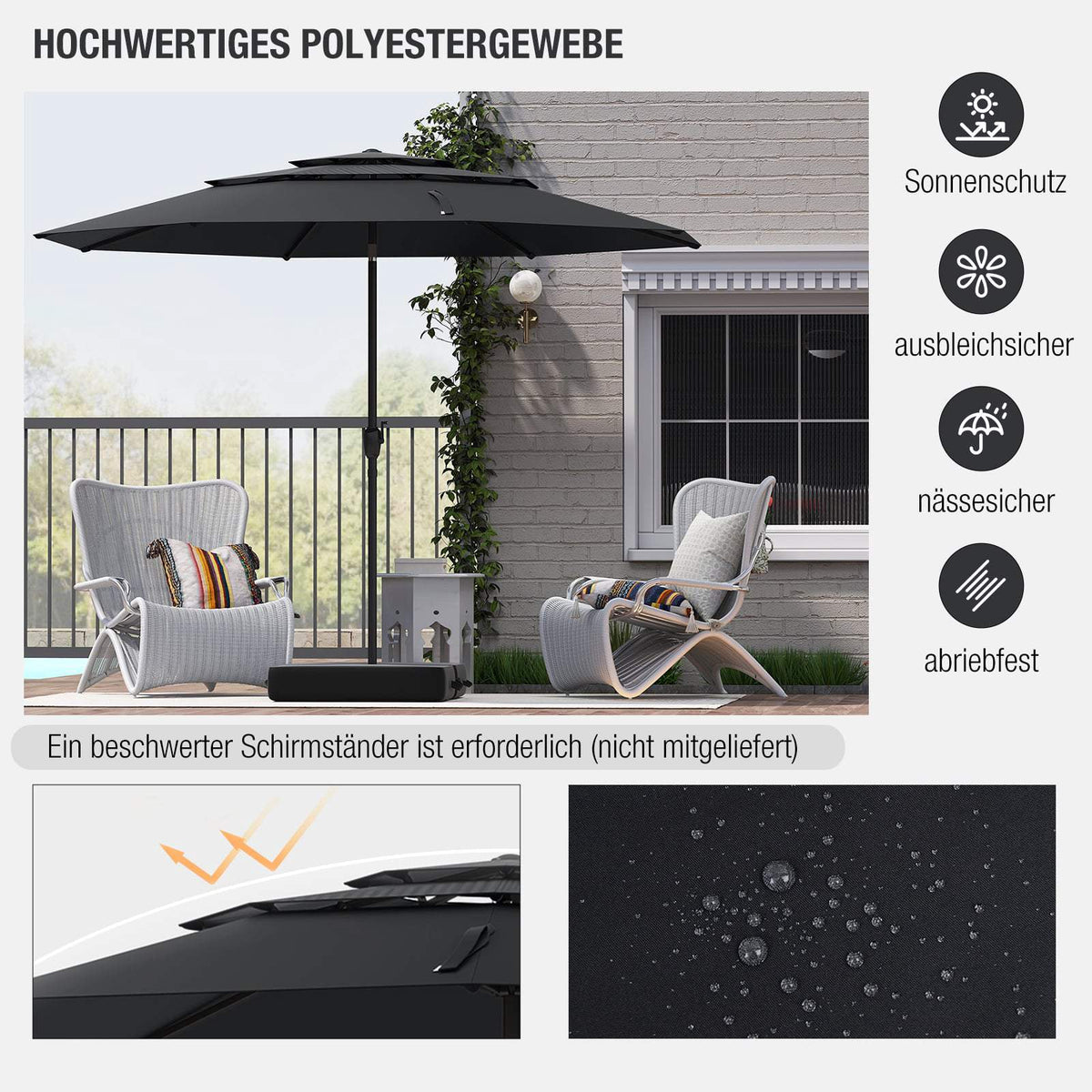 Patio Umbrella, 300 cm, Ventilated, Tilt Function, Black