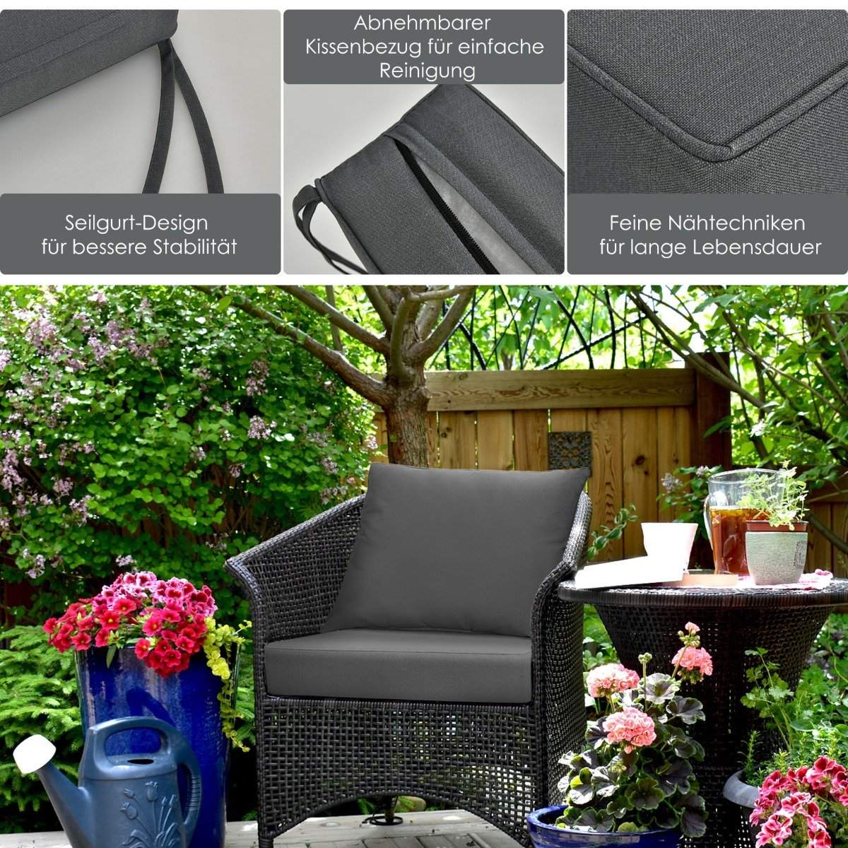 Patio cushion set with non-slip rope straps & thick seat cushion & back cushion grey