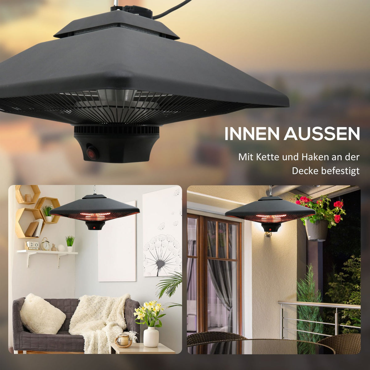 Patio heater ceiling heater remote control LED lighting 2000W 43x43x25cm