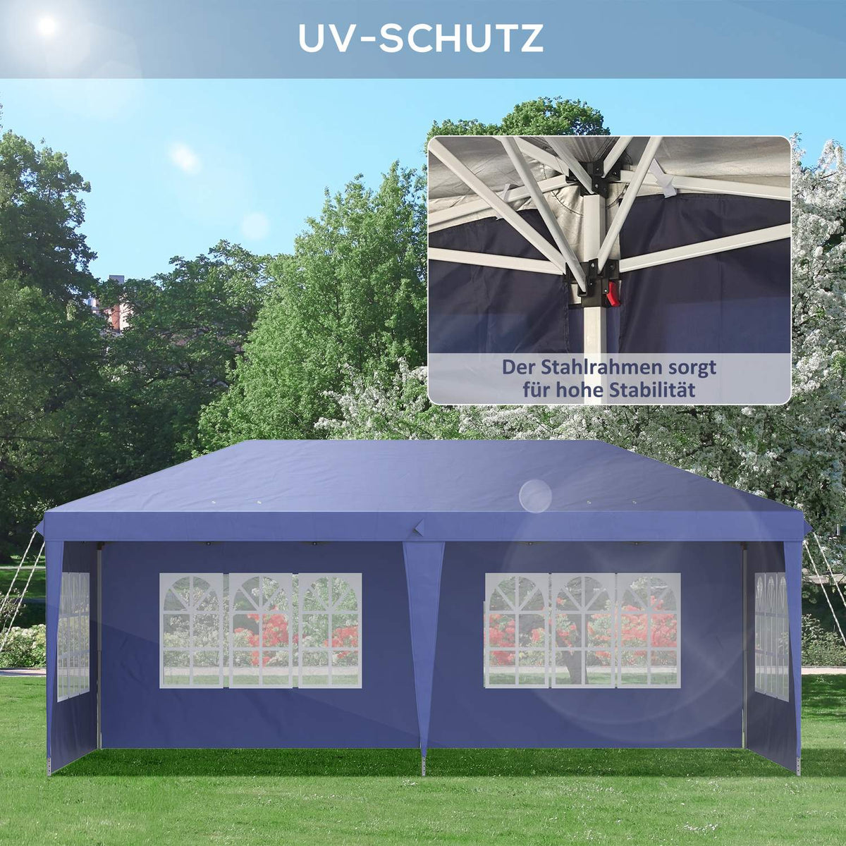 Pavilion 2.95 x 5.85 m party tent, folding pavilion with UV protection, pop up pavilion with windows & side walls, garden tent made of Oxford & steel, blue