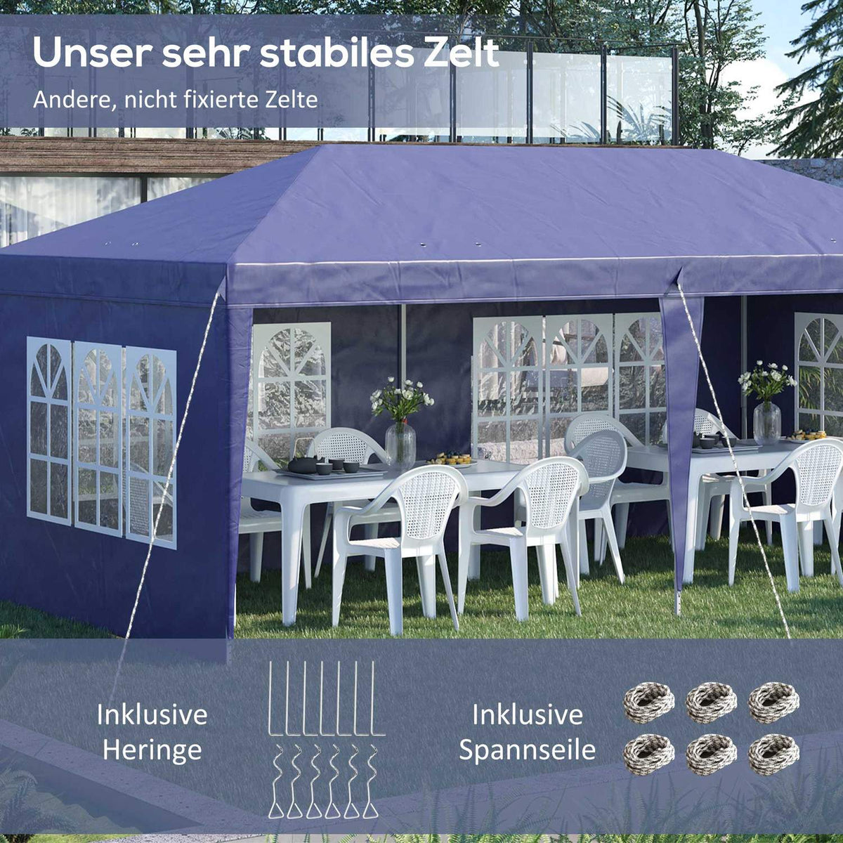 Pavilion 2.95 x 5.85 m party tent, folding pavilion with UV protection, pop up pavilion with windows & side walls, garden tent made of Oxford & steel, blue