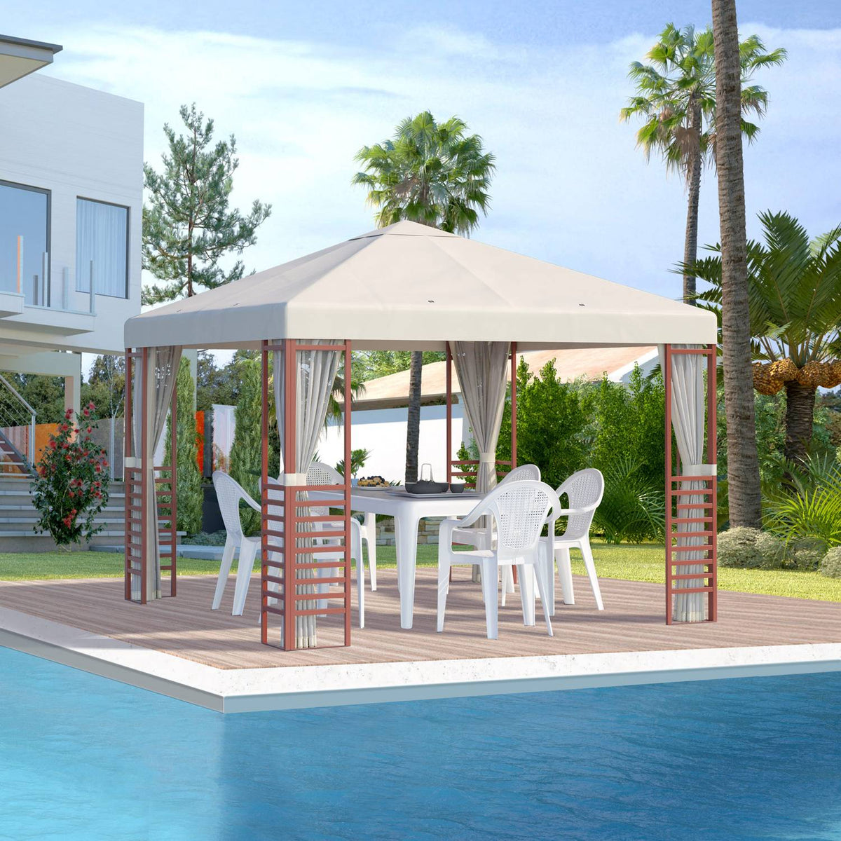 Pavilion 2.96X2.96M Party Tent For Up To 15 People With Fly Nets, Steel & Polyester, Beige