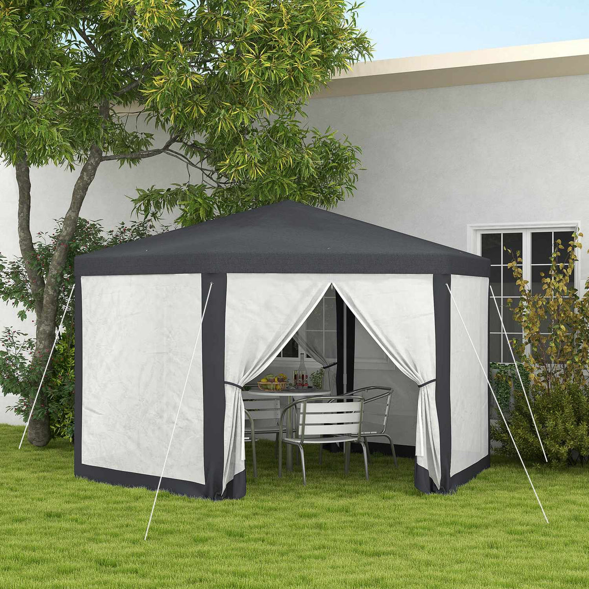 Pavilion 4x4 m garden pavilion with mosquito net, hexagonal, party tent made of polyester & metal, dark gray for garden parties
