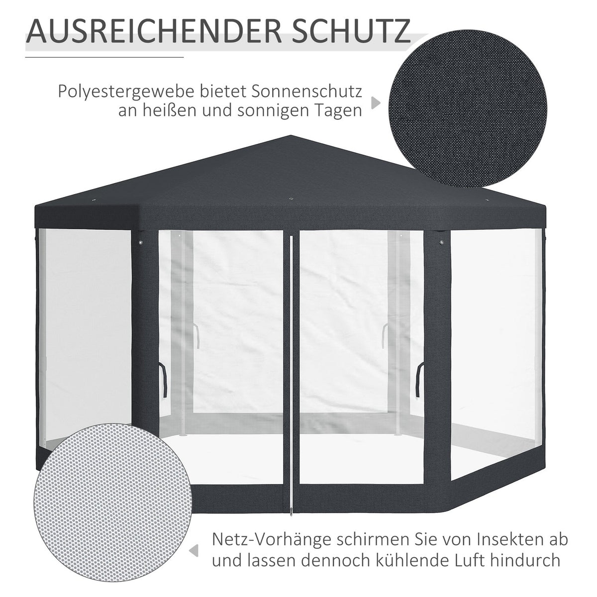 Pavilion 4x4 m garden pavilion with mosquito net, hexagonal, party tent made of polyester & metal, dark gray for garden parties