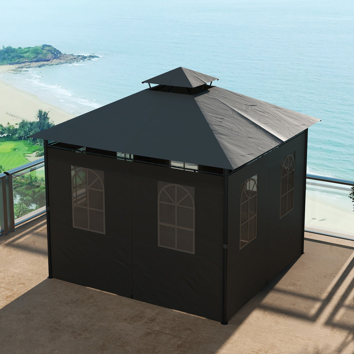 Pavilion Approx. 3 X 3 M, Garden Tent With Side Wall, Party Tent With Double Roof, Weatherproof Marquee, Garden Pavilion, Metal, Dark Gray