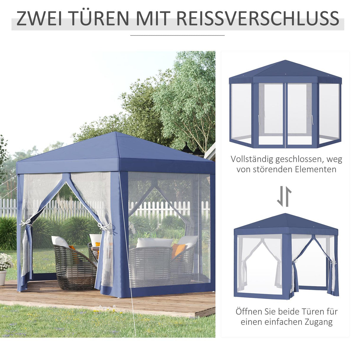 Pavilion Garden Pavilion With Mosquito Net, Hexagonal, Polyester+Metal, Blue, 195X250X250Cm