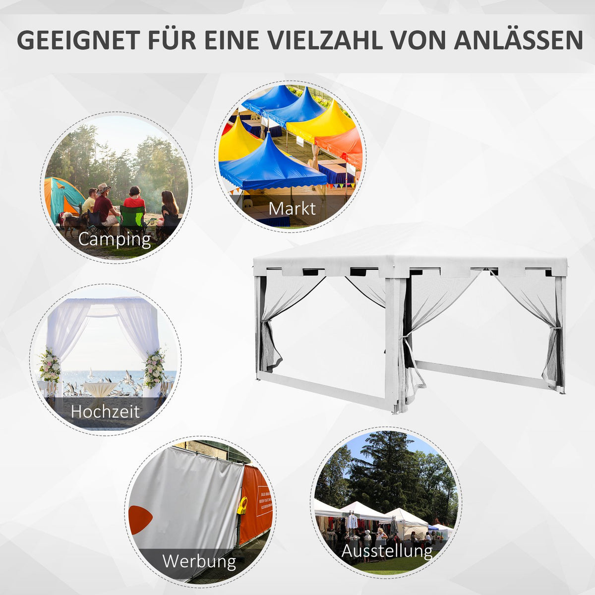 Pavilion Party Tent Approx. 4 X 3 M Garden Pavilion Garden Tent Marquee With Mesh Side Walls For Balcony, Terrace, Metal Pe White