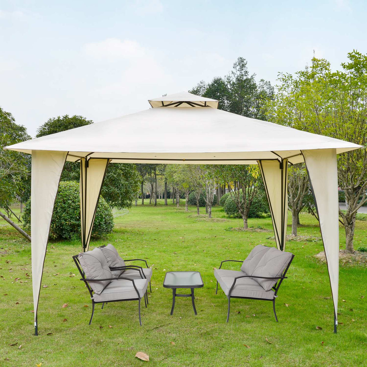 Pavilion Party Tent Double Roof 3.45X3.45X2.68M Metal Polyester Beige