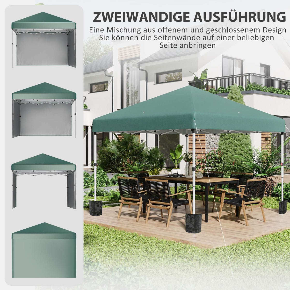 Pavilion approx. 3x3m, water-repellent, stable, winter-proof pop-up folding pavilion with 2 side walls, UV protection 30+, foldable party tent, garden tent with bag, garden pavilion for camping, garden, green