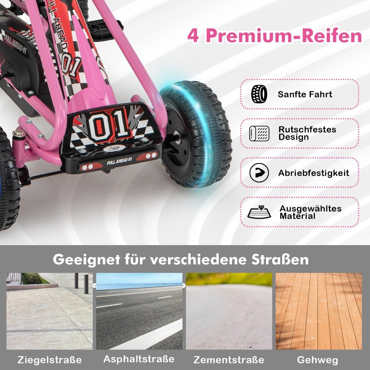 Pedal Go Kart for Kids, Adjustable Seat, Handbrake, Pink