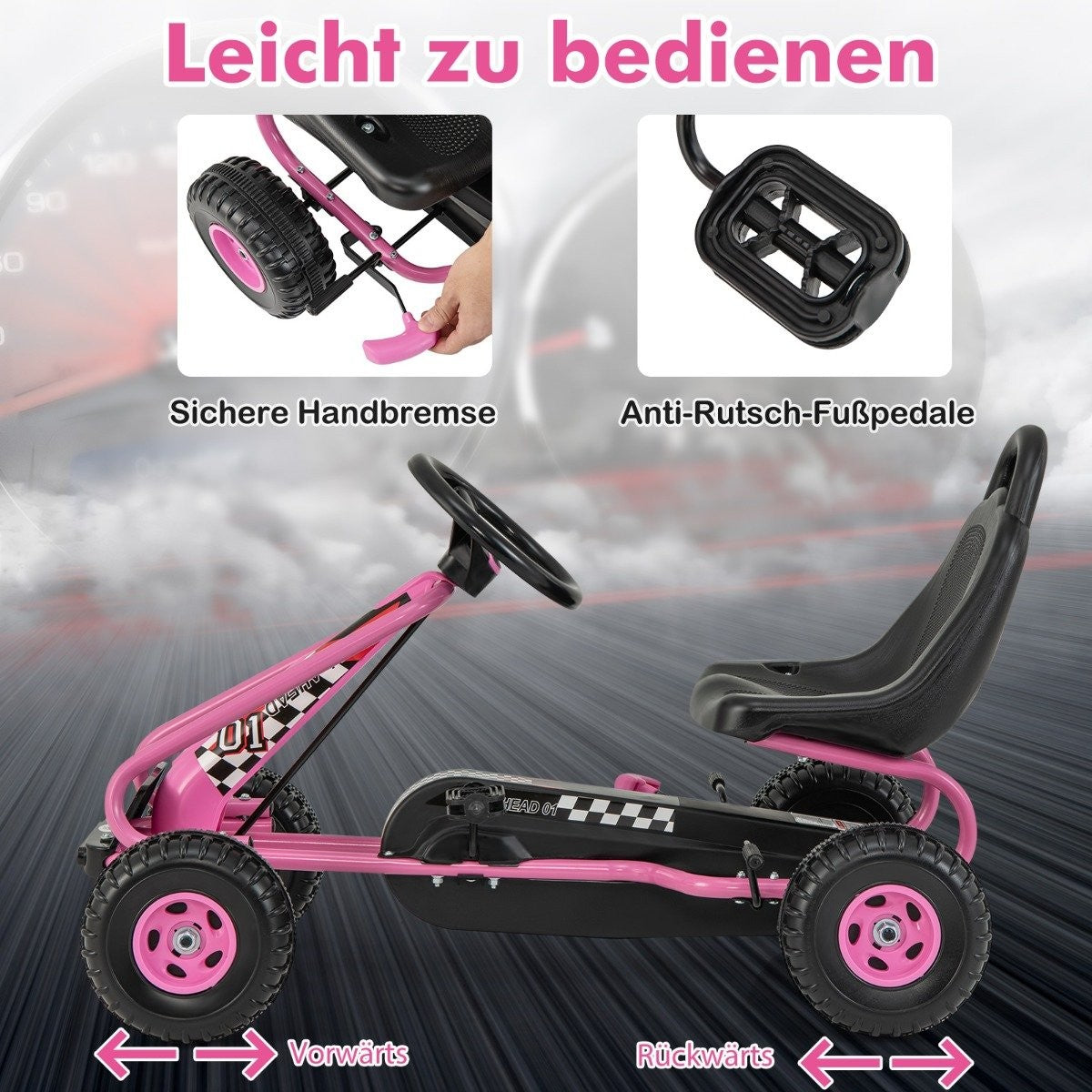 Pedal Go Kart for Kids, Adjustable Seat, Handbrake, Pink