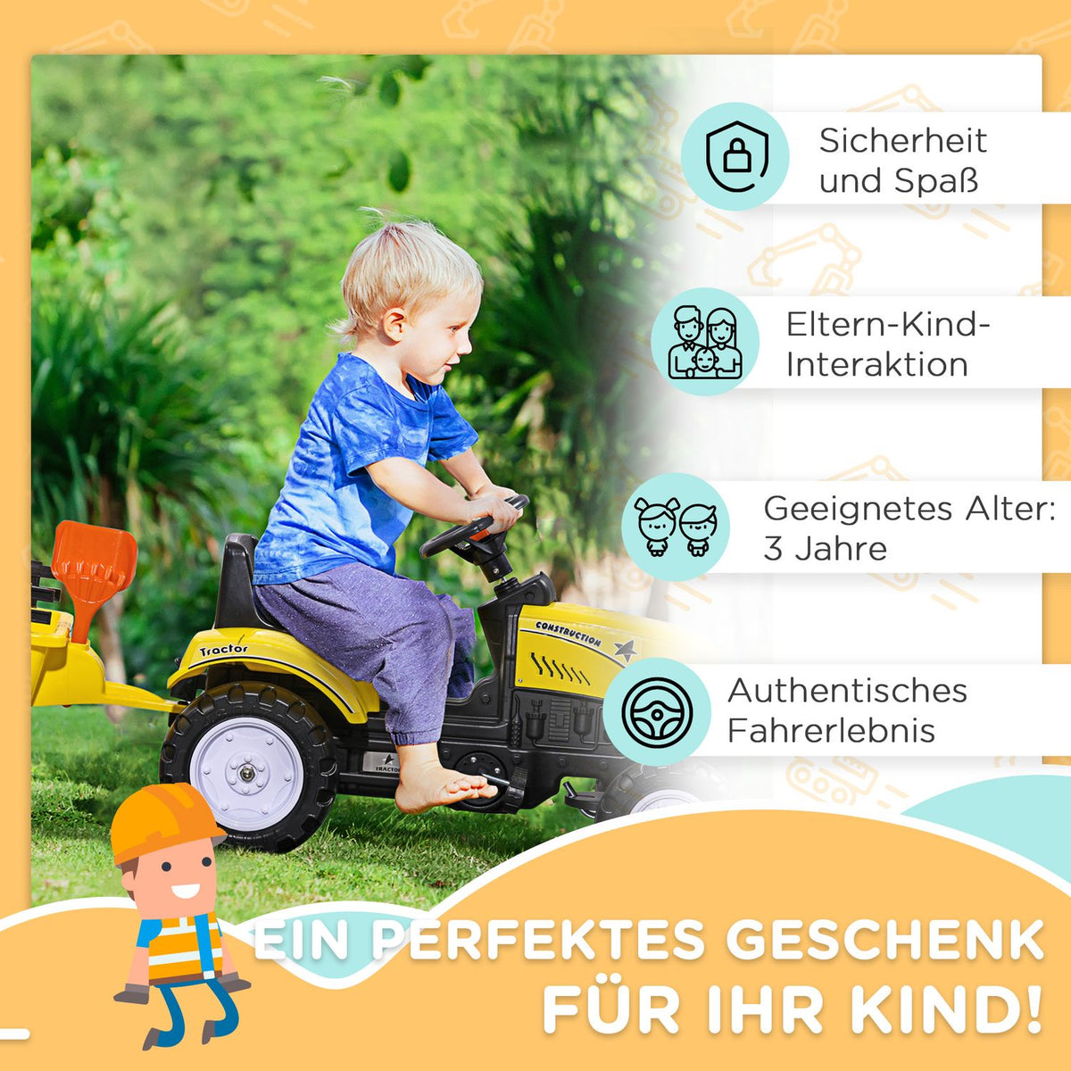 Pedal Tractor With Trailer Pedal Car Tractor Children'S Pedal Tractor Toy Vehicle For 3 Year Old Children Metal Yellow 133 X 42 X 51 Cm