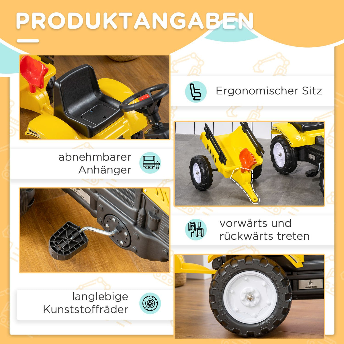 Pedal Tractor With Trailer Pedal Car Tractor Children'S Pedal Tractor Toy Vehicle For 3 Year Old Children Metal Yellow 133 X 42 X 51 Cm