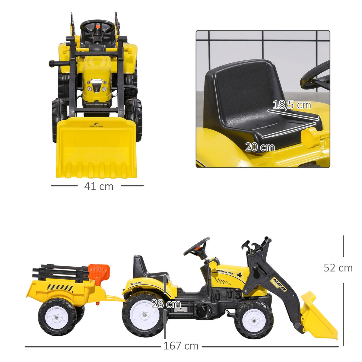 Pedal Tractor With Trailer, Pedal Vehicle With Shovel, Children'S Vehicle Tractor For Children Aged 3 And Over, Yellow