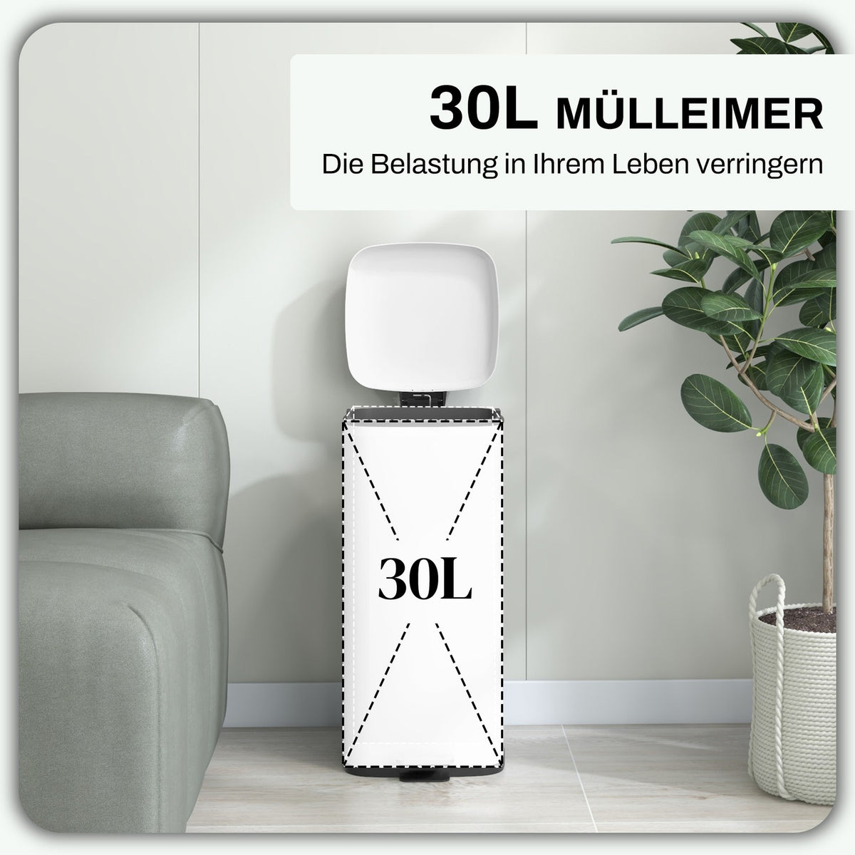 Pedal bin 30L cosmetic bin with lid and foot pedal, metal waste bin with inner bin for living room and office, 28 x 35 x 63.5 cm