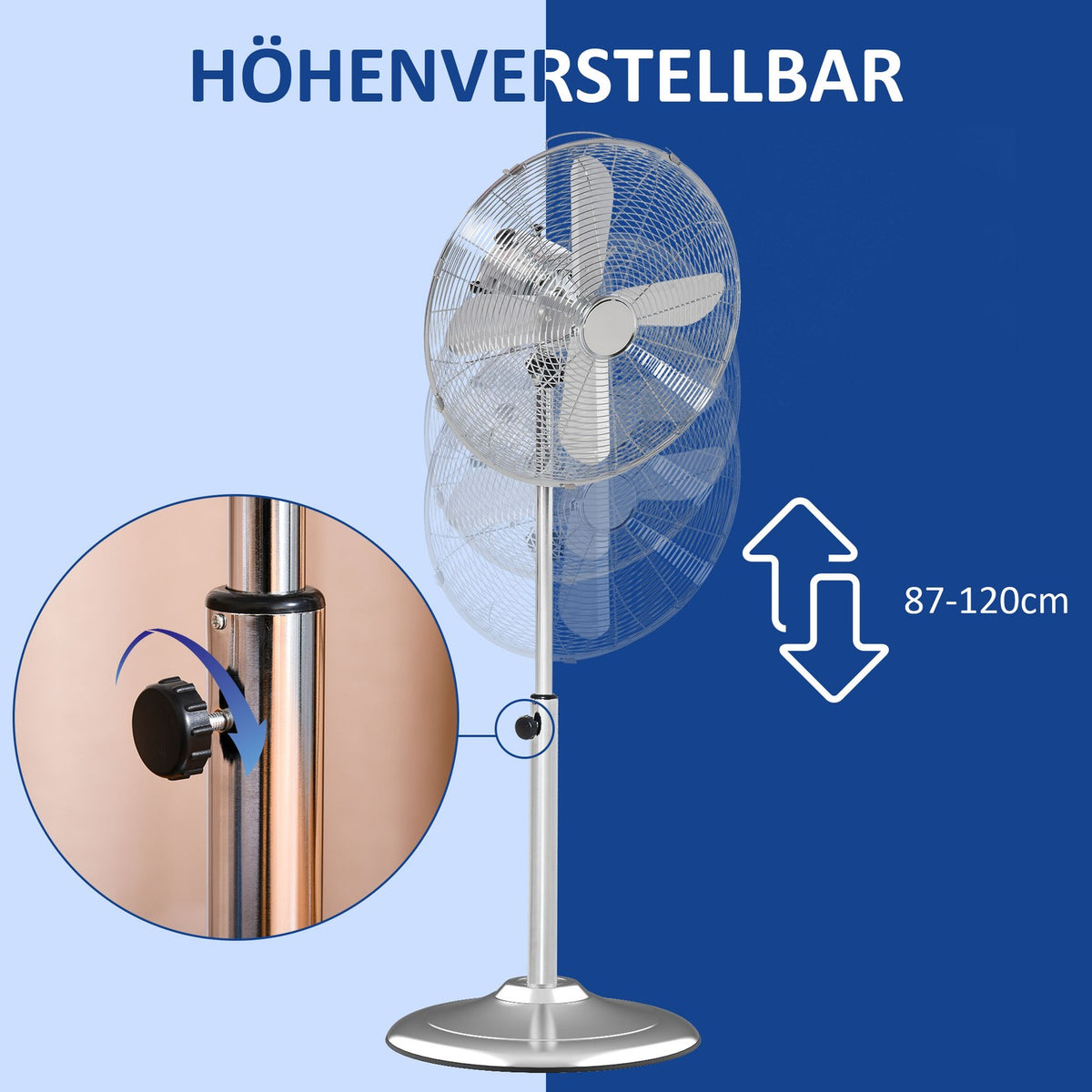 Pedestal Fan 120Cm, Height Adjustable, 3 Speed Levels, Adjustable Tilt Angle, Steel, Silver