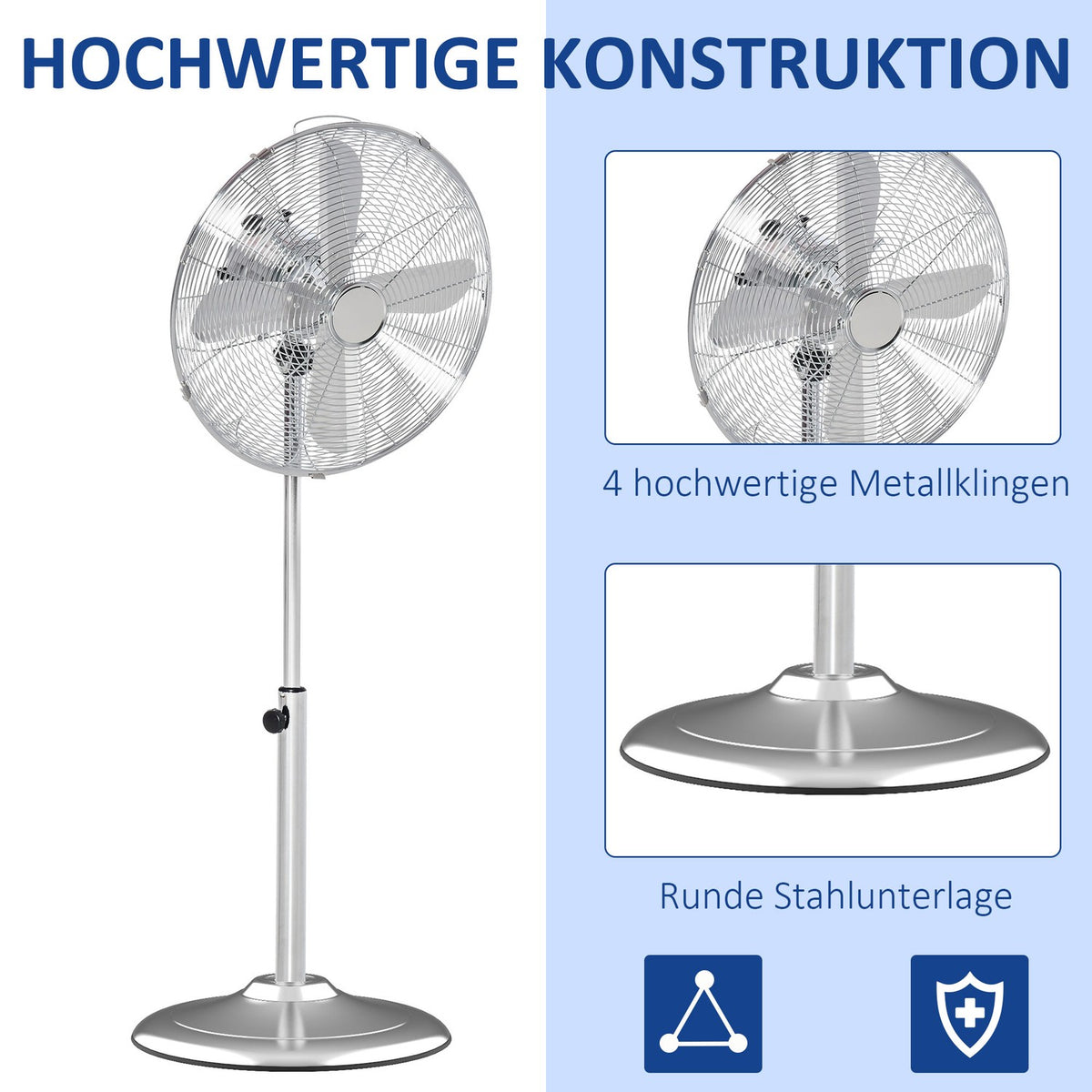 Pedestal Fan 120Cm, Height Adjustable, 3 Speed Levels, Adjustable Tilt Angle, Steel, Silver