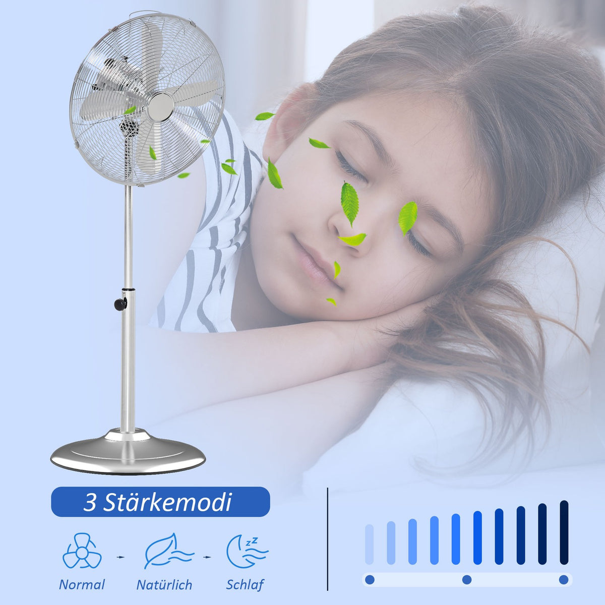 Pedestal Fan 120Cm, Height Adjustable, 3 Speed Levels, Adjustable Tilt Angle, Steel, Silver