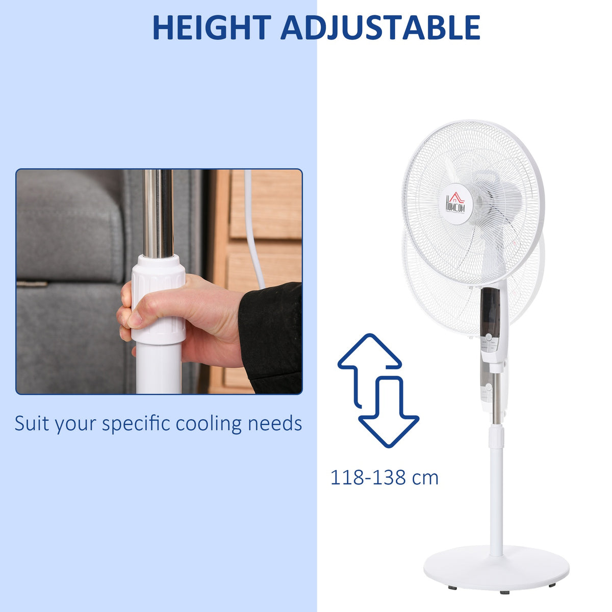 Pedestal Fan 138Cm White Fan With Timer, Remote Control, Height Adjustable, 3 Speeds, Steel