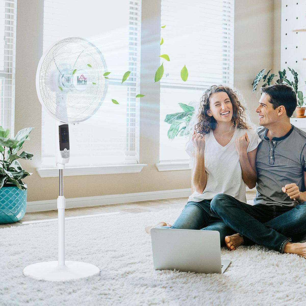 Pedestal Fan 138Cm White Fan With Timer, Remote Control, Height Adjustable, 3 Speeds, Steel