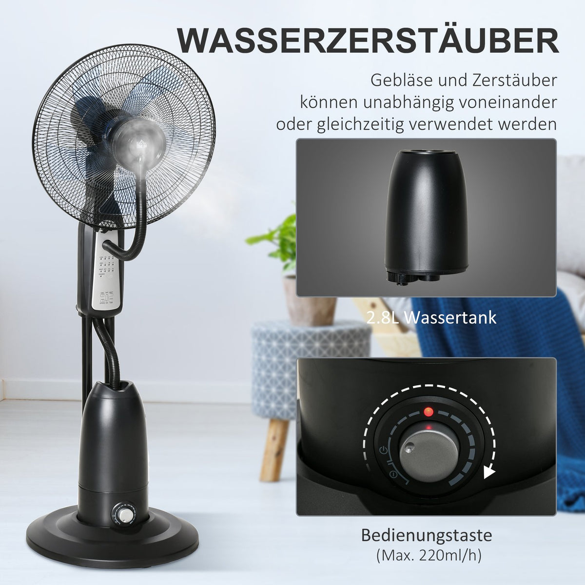 Pedestal Fan With 2.8 Liter Water Atomizer, Timer, 3 Modes, Mist Function, Adjustable Tilt Angle