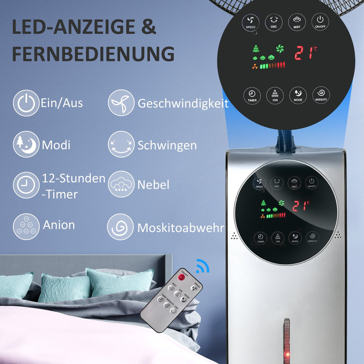 Pedestal Fan With Spray Mist 90W Cooling Fan, 3.1L Water Tank, 3 Air Modes, Wheels, Remote Control, Black