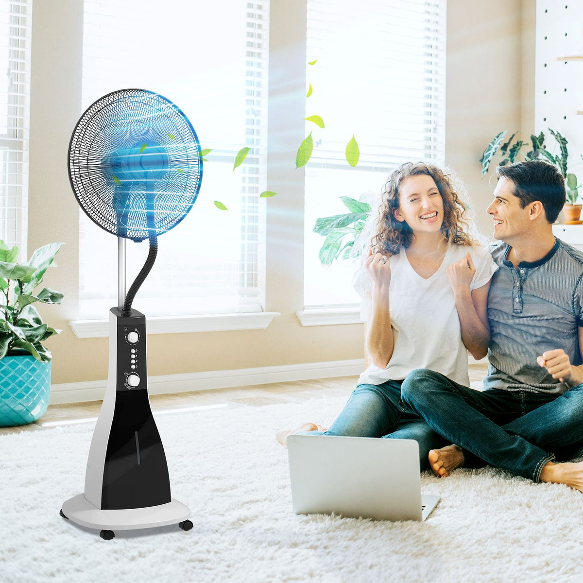 Pedestal Fan With Water, 90W Fan With Mist Function, 3 Modes, 3L Water Tank Capacity, Timer Function, Rollers, Oscillating, Black
