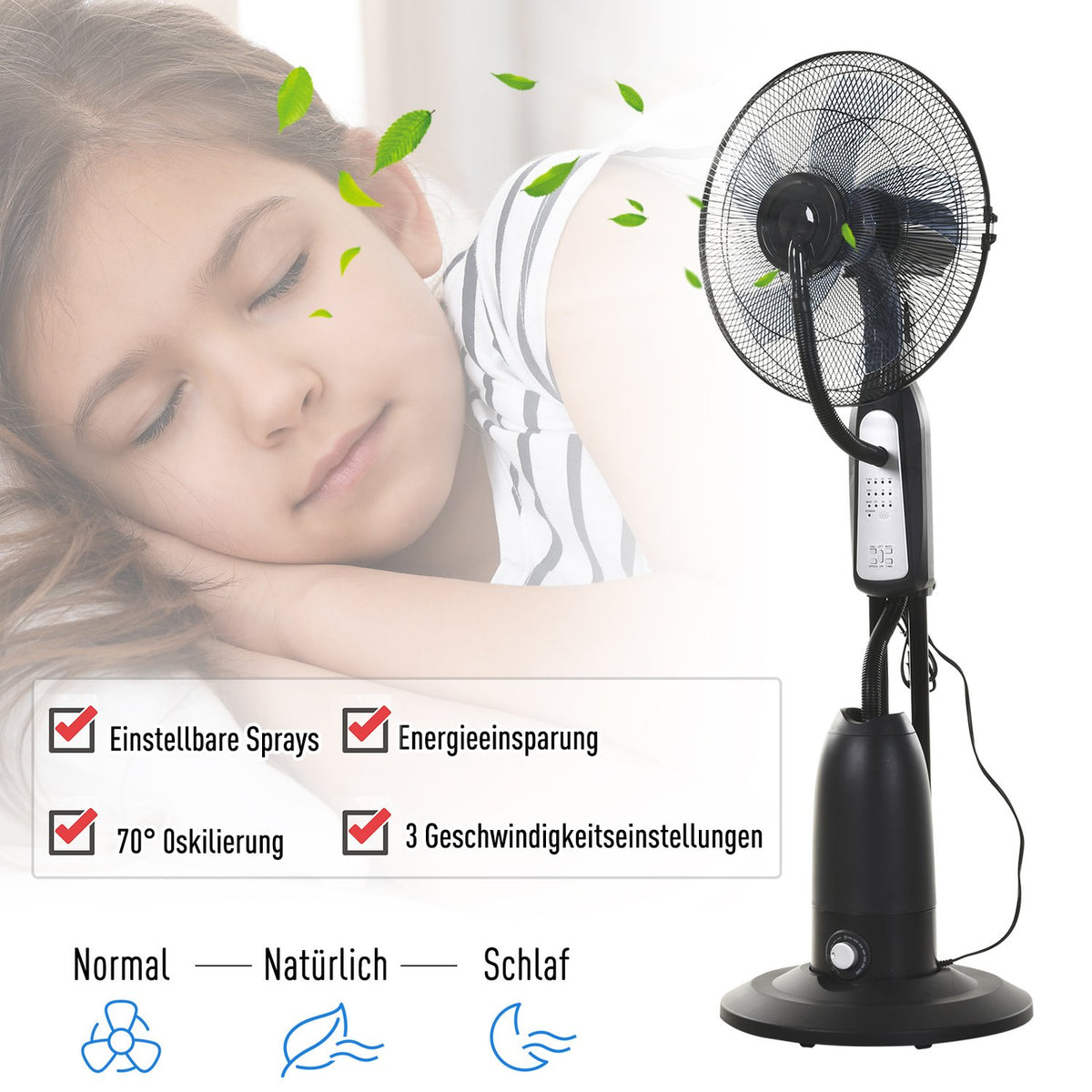 Pedestal Fan With Water Atomizer 2.8L, Mist Function, Adjustable Tilt Angle, Metal, Height 120Cm