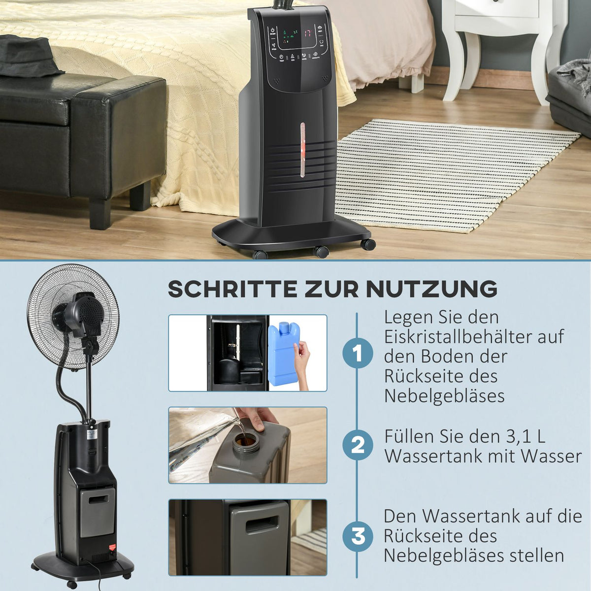 Pedestal Fan With Water Atomizer 3.1L, 3 Modes, Mist Function, Adjustable Tilt Angle, Steel, Black, Height 135Cm