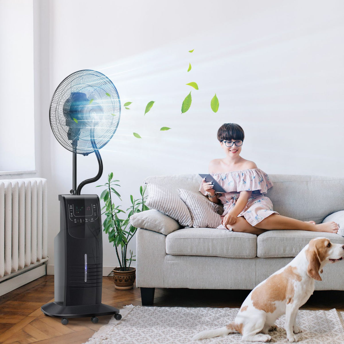 Pedestal Fan With Water Atomizer 3.1L, 3 Modes, Mist Function, Adjustable Tilt Angle, Steel, Black, Height 135Cm