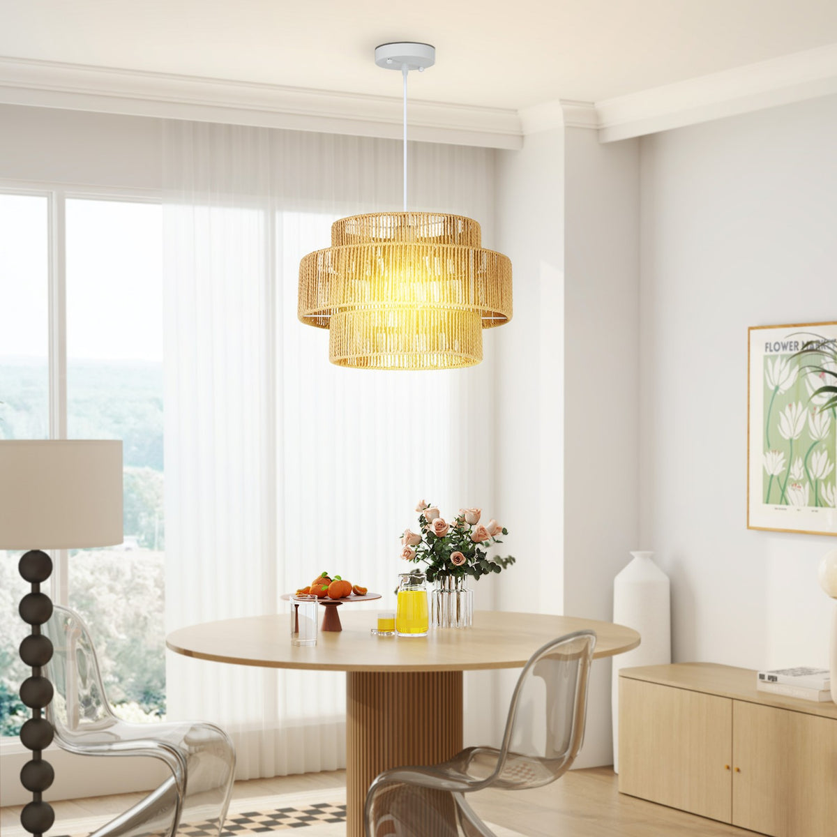 Pendant light hanging lamp with E27 socket, boho style, hanging light ceiling lamp with lampshade made of hemp rope for kitchen, dining room, light brown |