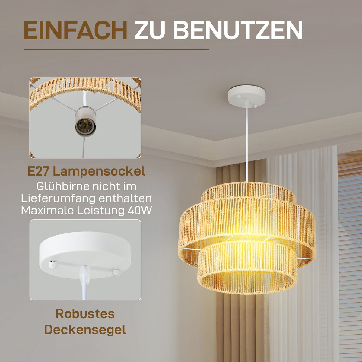 Pendant light hanging lamp with E27 socket, boho style, hanging light ceiling lamp with lampshade made of hemp rope for kitchen, dining room, light brown |