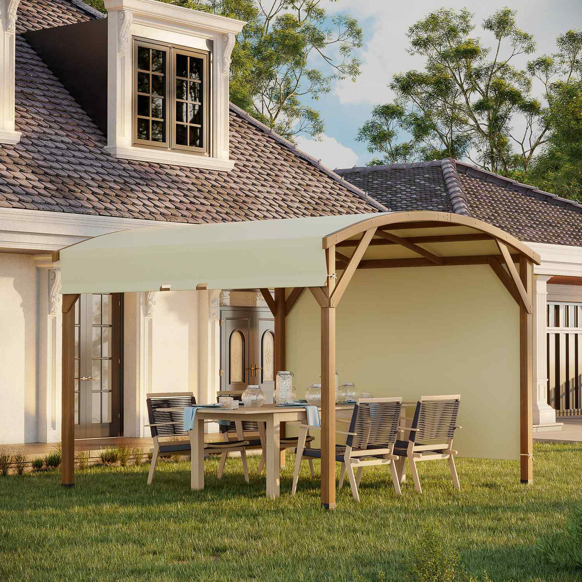Pergola 3.2 X 3.08M Garden Gazebo Patio Canopy With Retractable Roof Uv Protection With Side Wall Solid Wood Cream