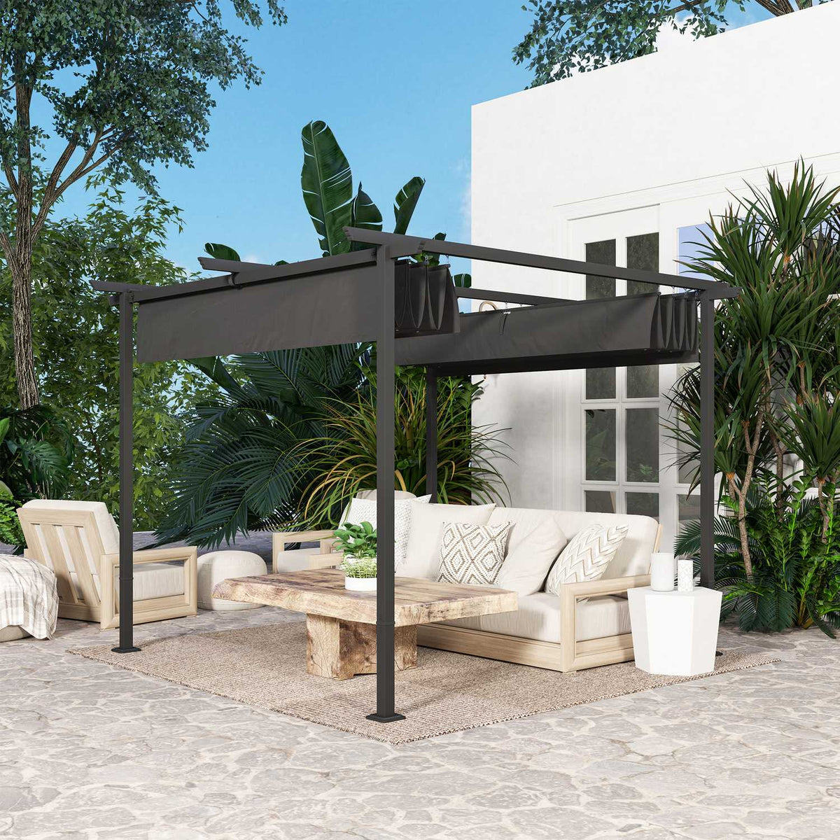 Pergola 3x3m garden pavilion patio roof made of metal, garden pavilion with adjustable roof, UV protection 30+ free-standing sun protection for terrace and garden, dark gray