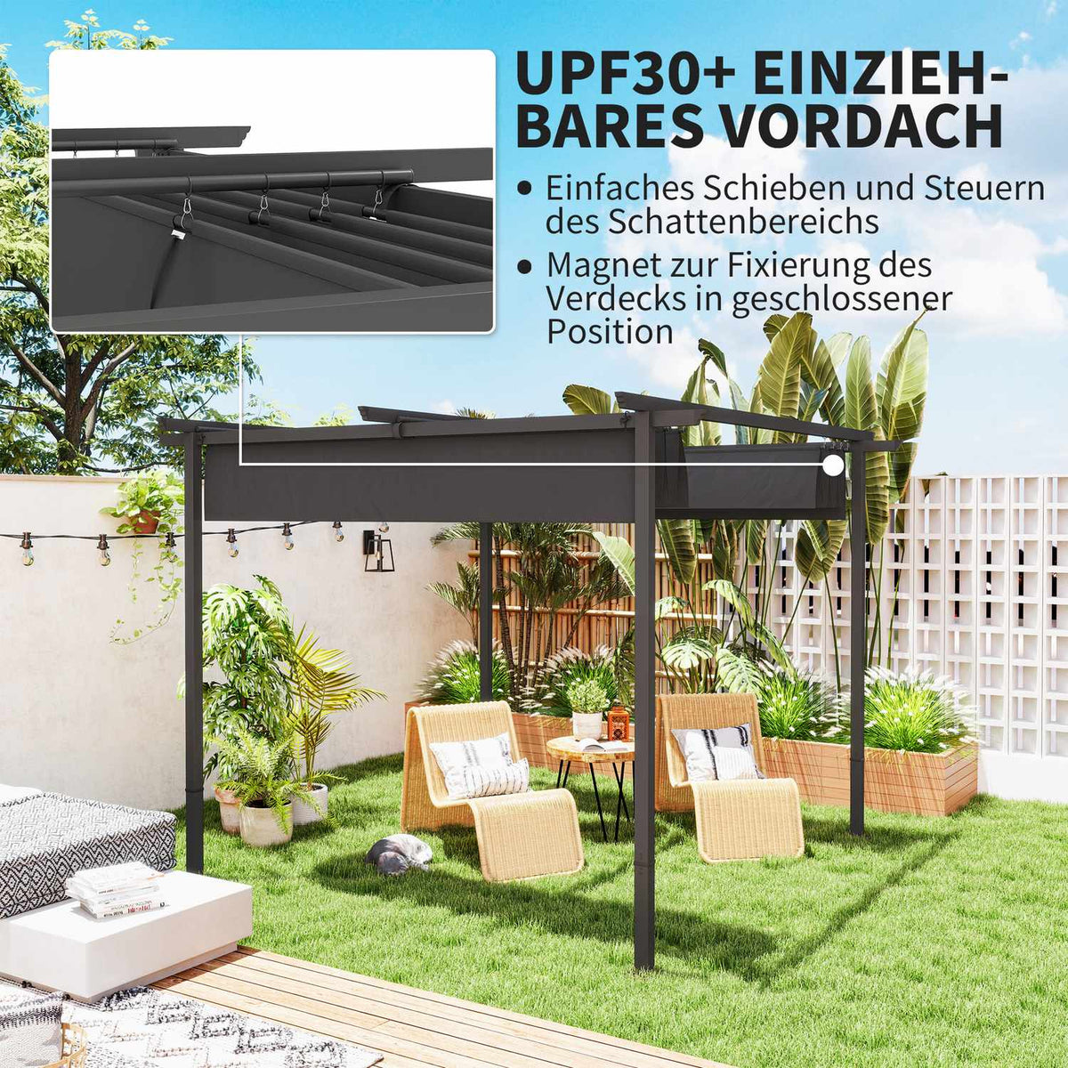 Pergola 3x3m garden pavilion patio roof made of metal, garden pavilion with adjustable roof, UV protection 30+ free-standing sun protection for terrace and garden, dark gray