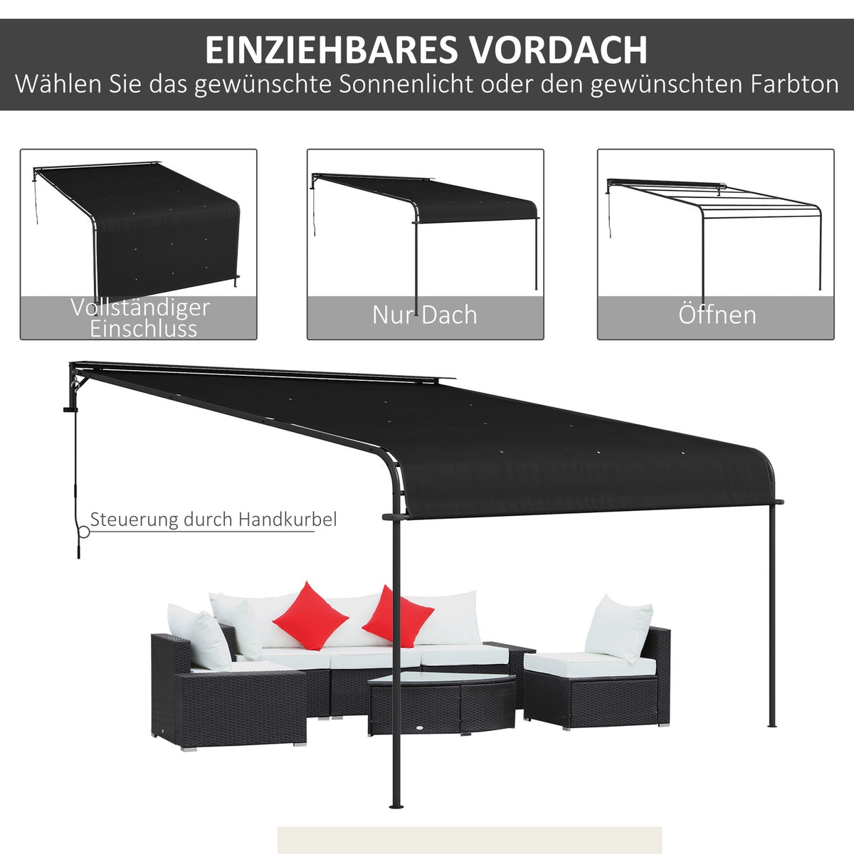Pergola 4X3M Weatherproof Patio Canopy, Wall Mounted, Adjustable Roof, Steel, Dark Grey