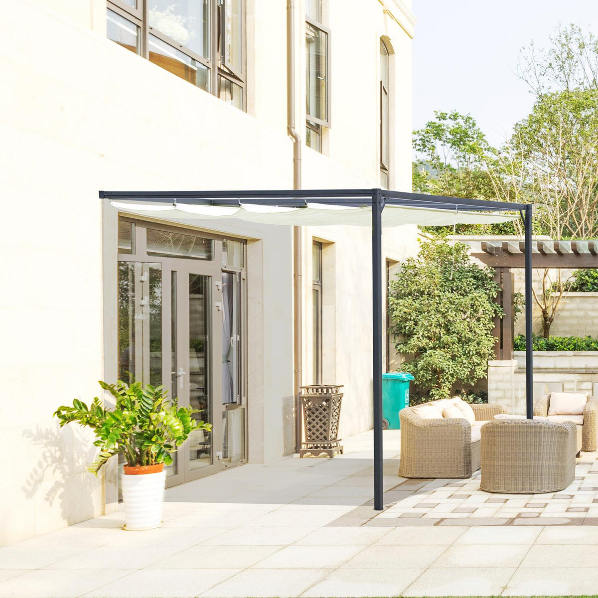 Pergola Gazebo 3 X 3 M Garden Pavilion Bbq Pavilion With Fabric Roof Patio Canopy Weatherproof Wall Mounting Metal Polyester Cream White