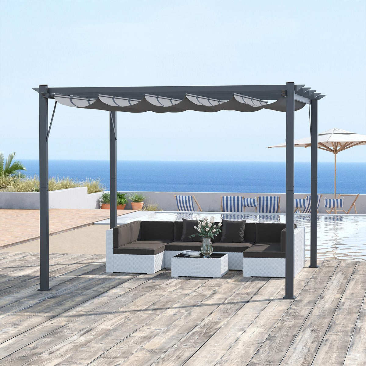 Pergola Gazebo Patio Canopy With Sliding Roof, Garden, Aluminum, Charcoal Gray + Dark Gray, 3X3X2.23M