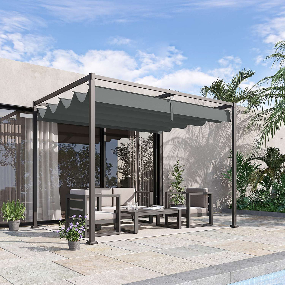 Pergola Gazebo Patio Canopy with Sliding Roof 298 x 213 x 221 cm, Grey, Weatherproof Polyester for Garden & Terrace
