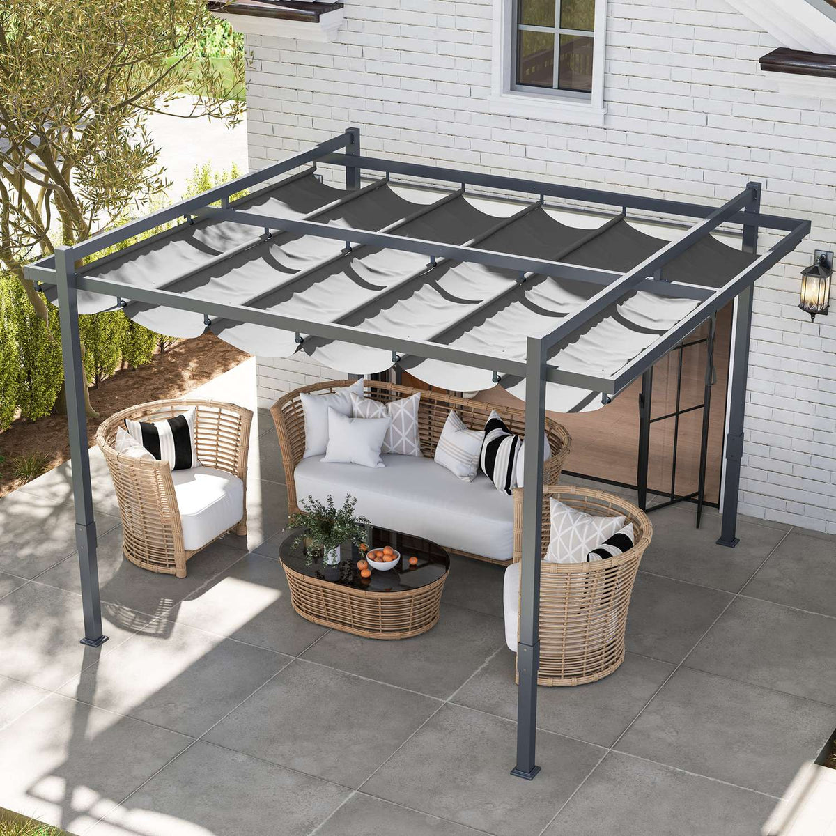Pergola Pavilion Approx. 3.5x3m Aluminum Stable Winterproof Sun Protection with Adjustable Sliding Roof Freestanding Garden Gazebo Patio Canopy Canopy for Garden Balcony Gray