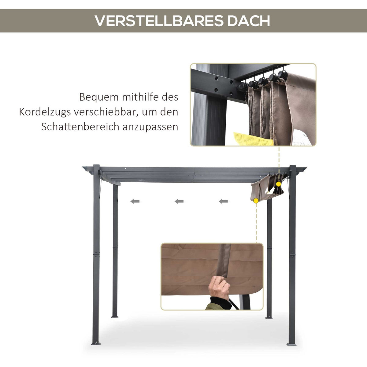 Pergola Pavilion Patio Canopy With Sliding Roof Garden Aluminum Charcoal Gray + Coffee Brown 3X3X2.23 M